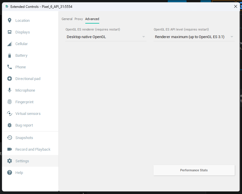 Emulator graphics settings